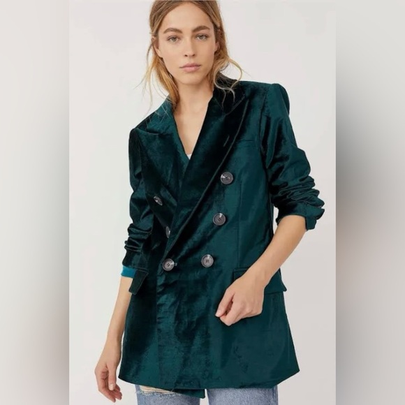 Free People Jackets & Blazers - FREE PEOPLE Green Velvet Ashby Double Breasted Blazer - M